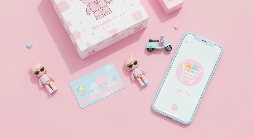 POP MART 信用卡推薦指南，桌面上放著盲盒、信用卡與手機購物畫面
