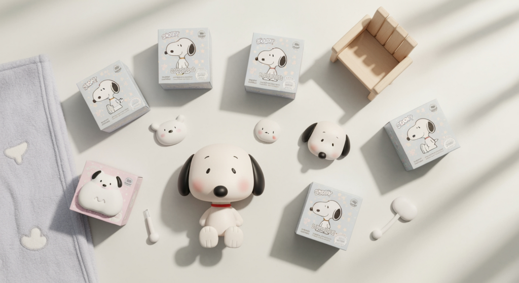 一個 Snoopy 公仔與其盲盒包裝的桌面俯瞰圖