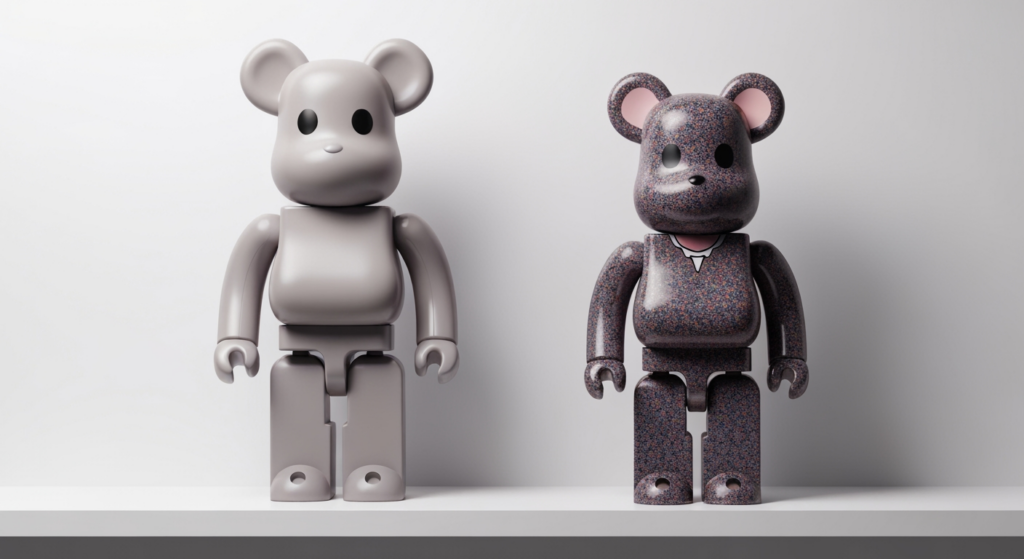 BE@RBRICK 與 MEGA Molly 1000% 尺寸並排陳列於白色架上，進行稀有度系統比較