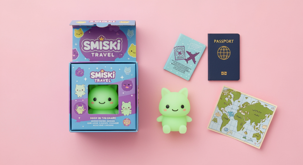 Smiski Travel 系列盲盒開箱，包含夜光小精靈公仔與包裝盒的桌面俯視圖
