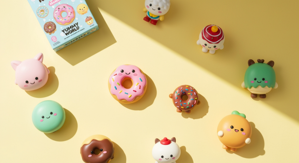 KIDROBOT Yummy 系列開箱評測，圖為一個甜甜圈造型的公仔與其盲盒包裝平放在桌上