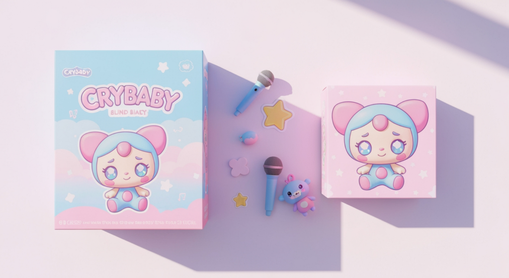 雙12 Crybaby 限定款盲盒開箱平拍圖，桌面上有包裝盒與可愛的公仔