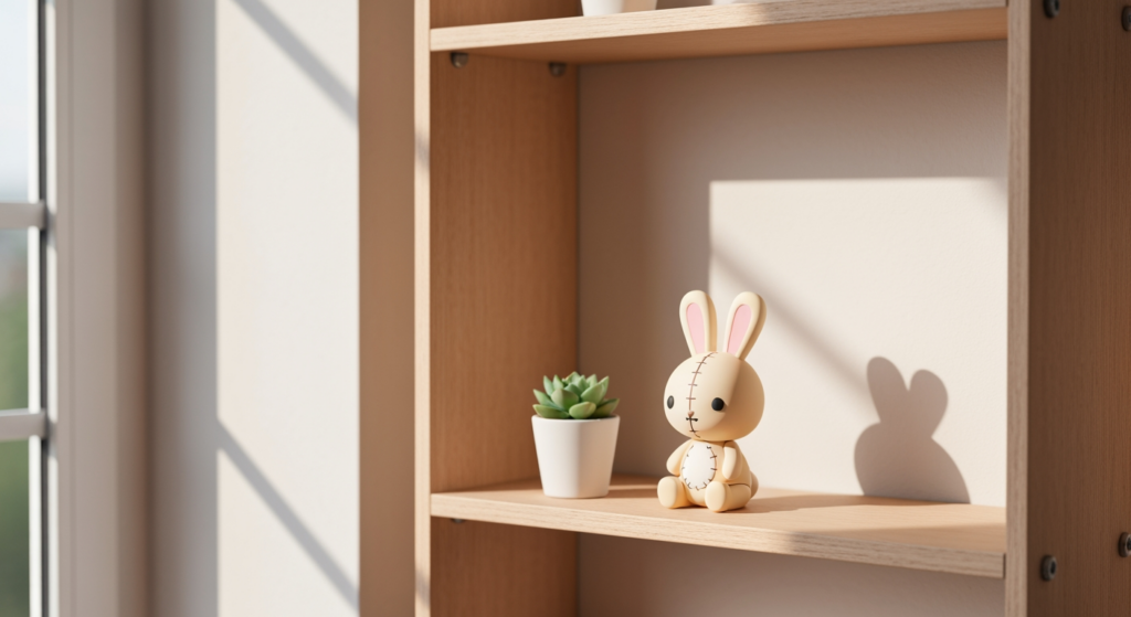 可愛的 BUNNY 奶油兔公仔在簡約層架上的展示擺設情境