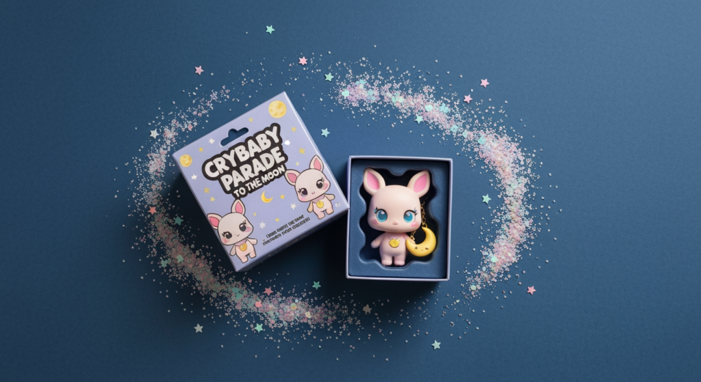 Crybaby 出走到月亮系列盲盒開箱，公仔旁散落著月亮配件與星星亮片