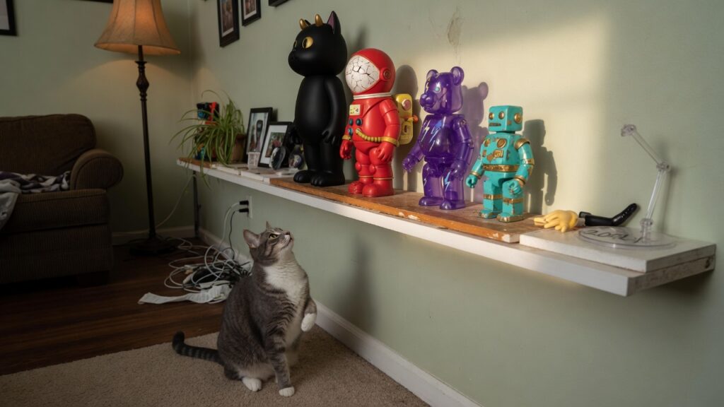 灰貓坐在地板上看架上幾隻原創公仔，架邊有掉落的小零件