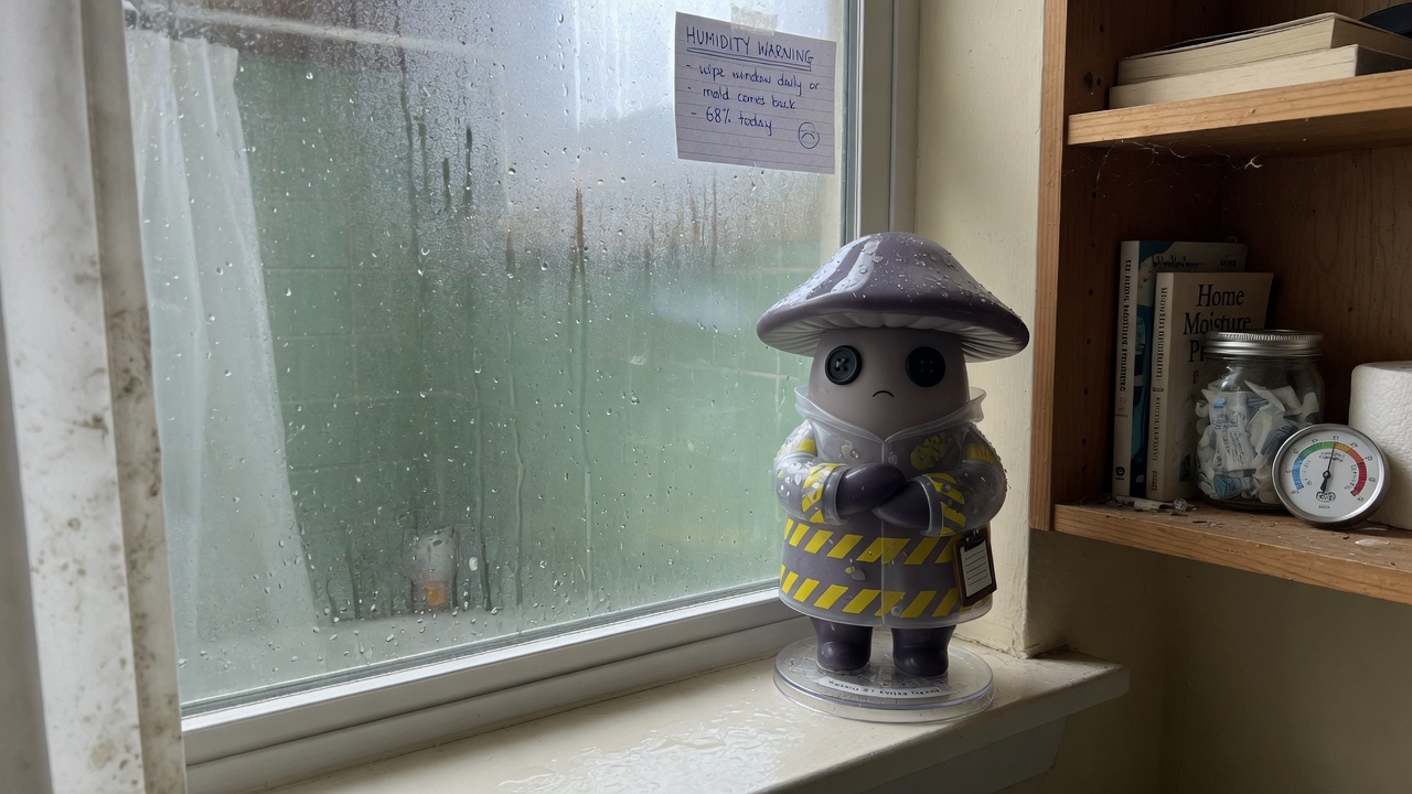 結露的窗邊站著一隻穿雨衣的原創蘑菇公仔,旁邊有溫濕度計