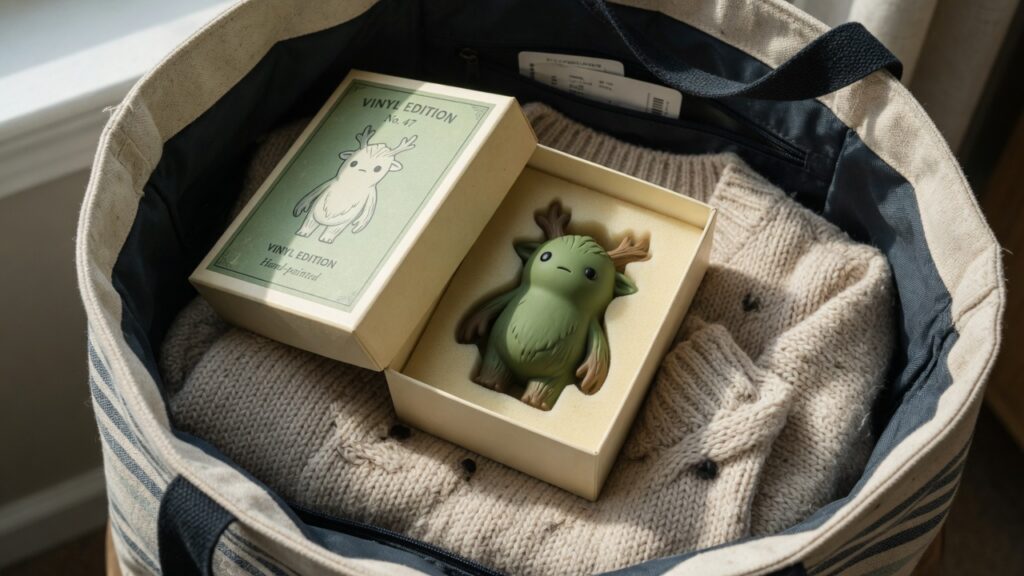 帆布袋裡毛衣上放著原盒，盒內一隻綠色帶角的原創搪膠公仔