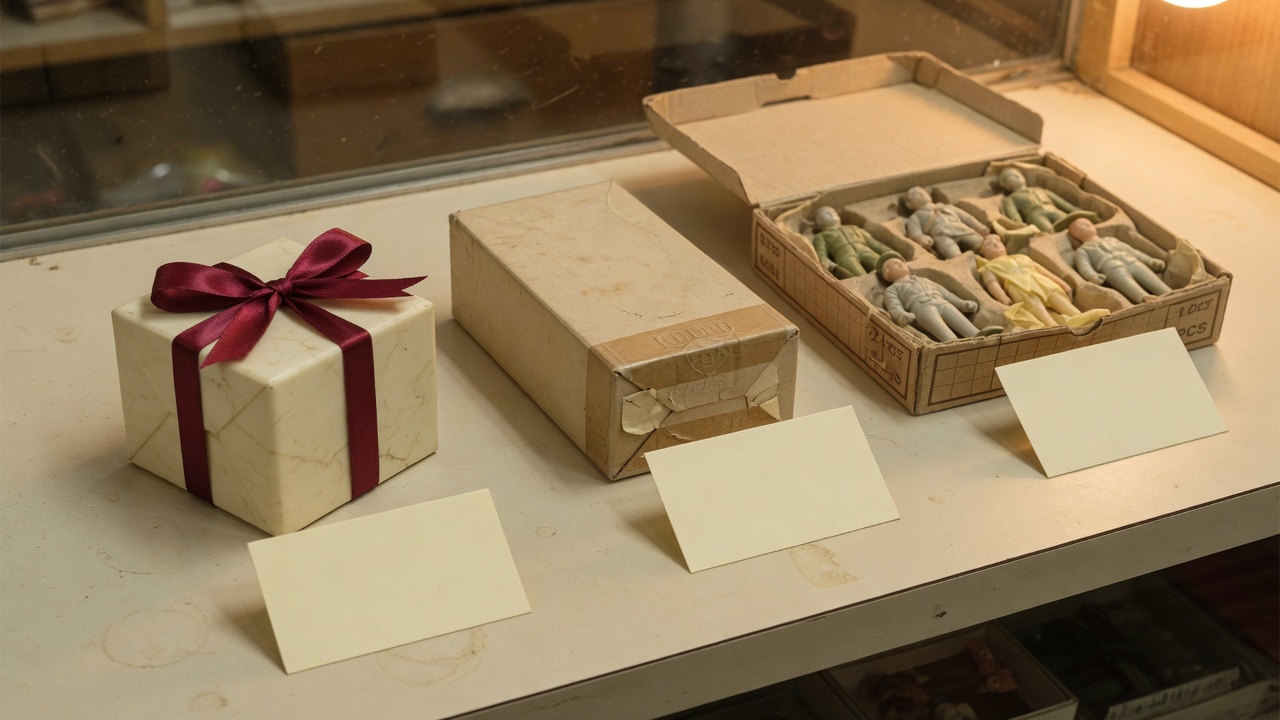 小盒、封箱、打開的整組並排,前面各一張空白卡片